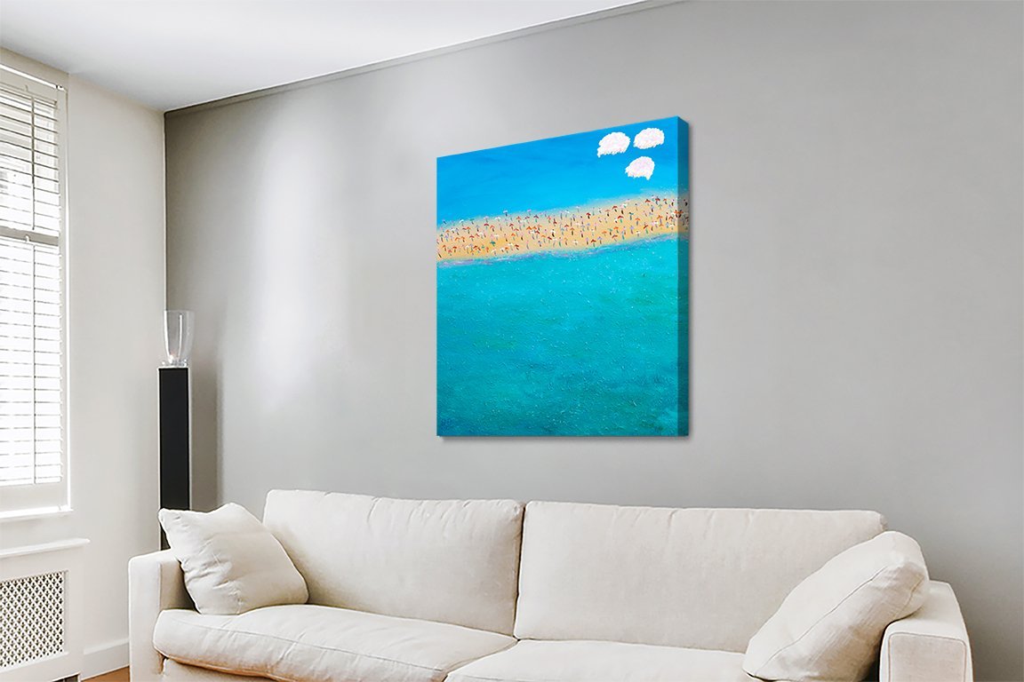 Happy Holidays by Helen Joynson, crowded turquoise beach with umbrellas and bathers on canvas