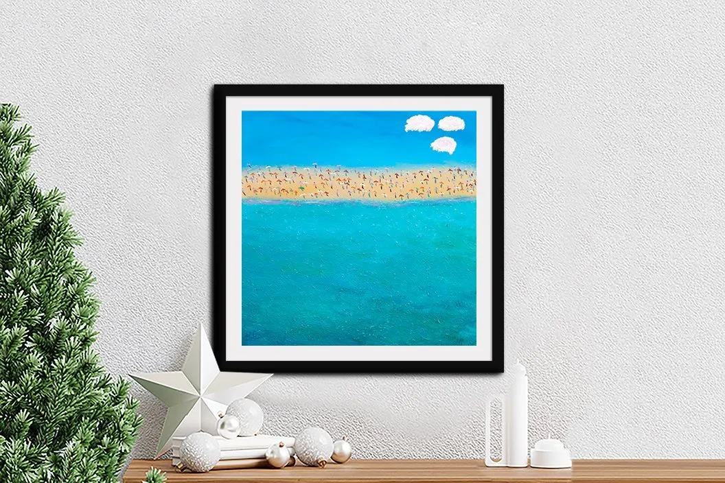 Happy Holidays by Helen Joynson, busy turquoise beach with umbrellas and figures as a framed print