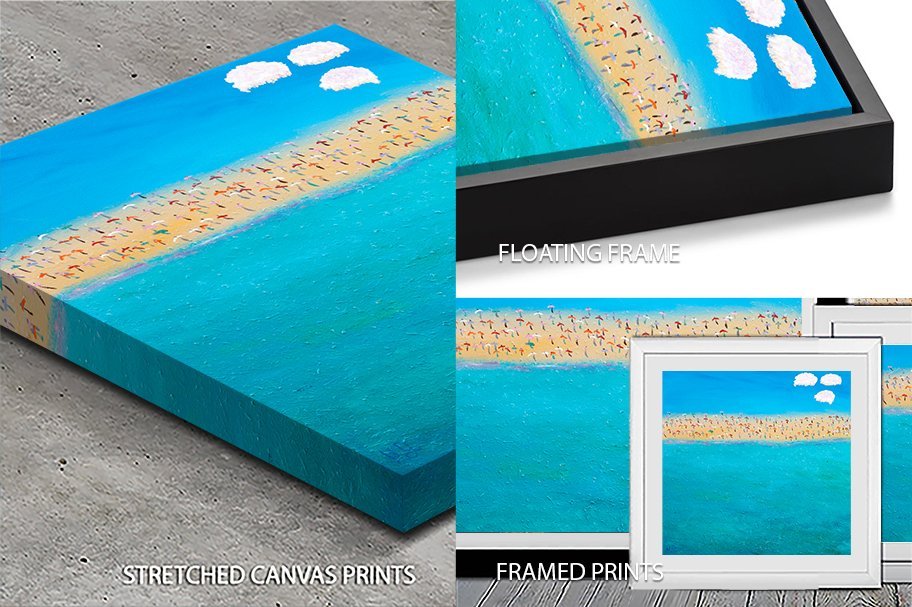 Happy Holidays by Helen Joynson shown as stretched canvas, floating frame and framed print with turquoise beach scene and tiny figures