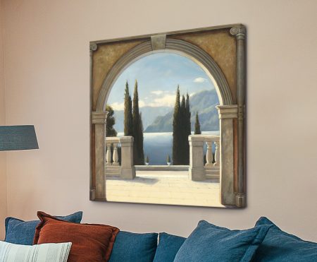 Stretched canvas of James Wiens' 'Italian Balcony' with terracotta pots, blooms and a sunlit Mediterranean view