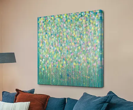 Let Kindness Shine by Helen Joynson - abstract floral burst of pink, yellow, white and turquoise on canvas