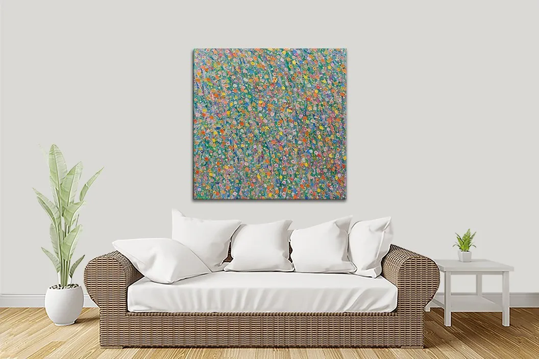 Let's Be Cheerful by Helen Joynson, tightly packed multicoloured dots on a square canvas