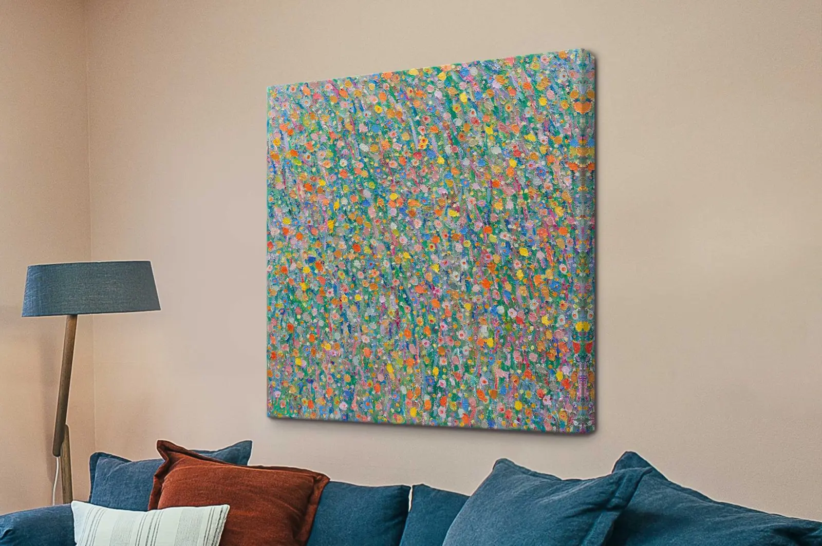 Helen Joynson Let's be Cheerful square canvas print of colourful impressionist flowers above blue sofa in living room