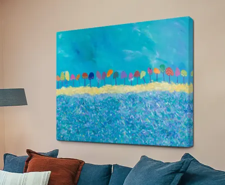Look After Me by Helen Joynson, a row of multicoloured lollipop-style trees against a turquoise sky