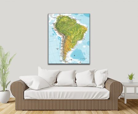 South America topographical map canvas in warm natural tones for a travel wall