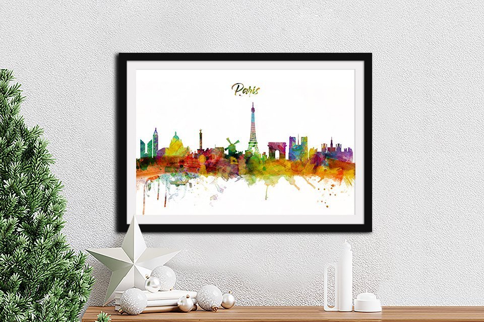 Watercolour Paris skyline with lettered city name, set in a frame