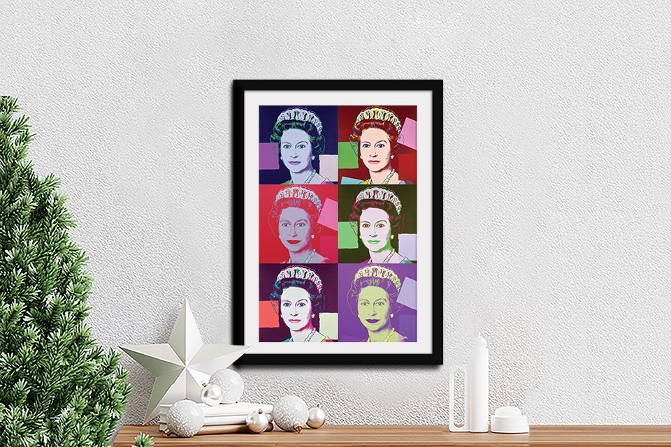 Framed Warhol pop-art portrait of Queen Elizabeth II in six panels