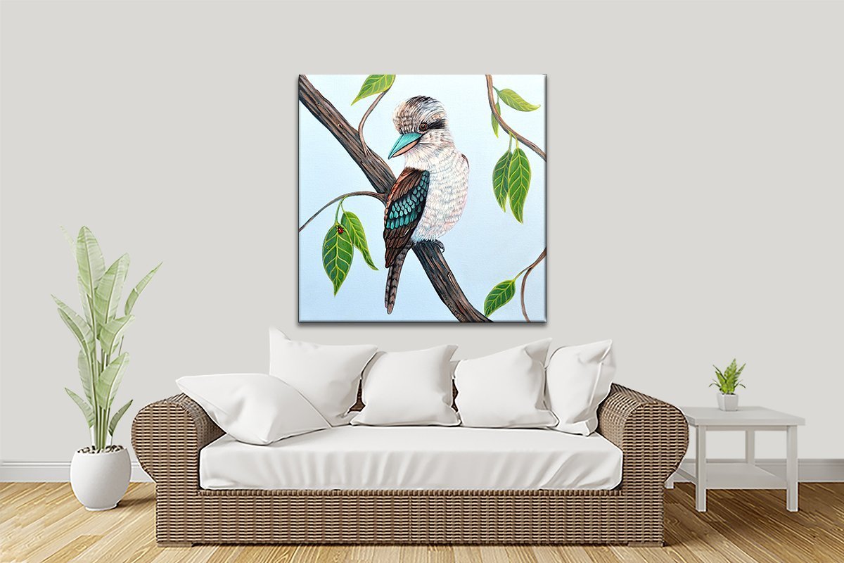Charming Kookaburra by Linda Callaghan on canvas, a friendly perched kookaburra