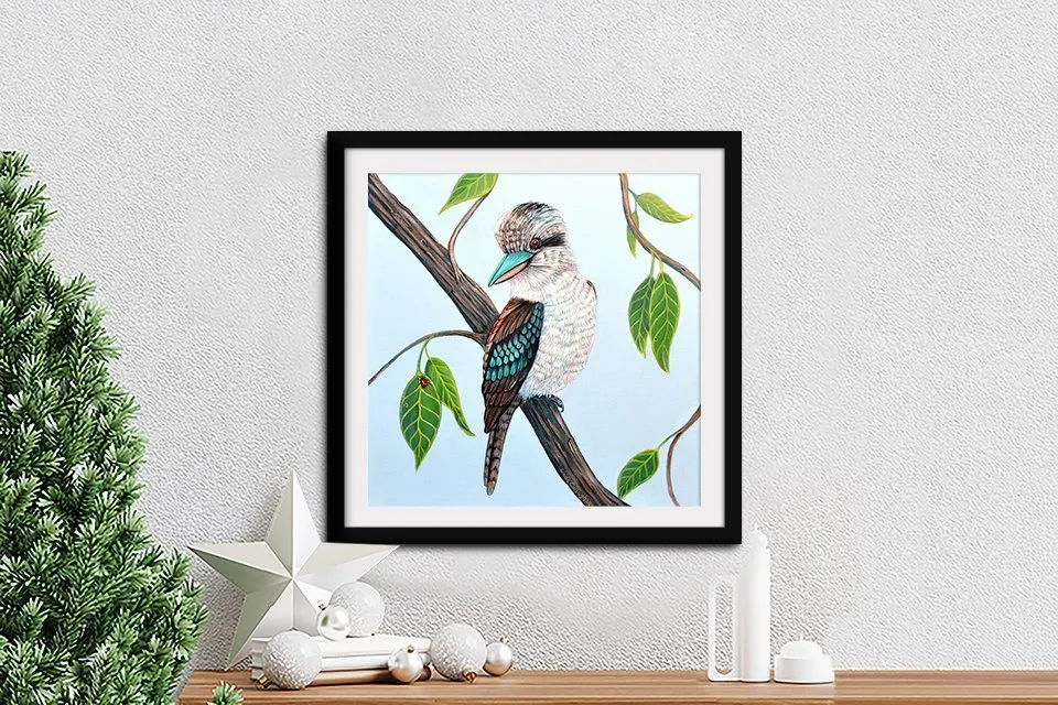 Charming Kookaburra by Linda Callaghan, a perched kookaburra, framed print
