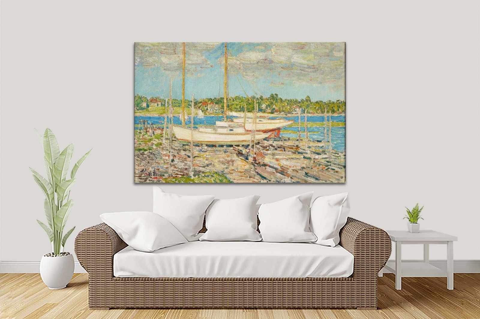 Childe Hassam harbour scene with anchored boats and shimmering water on canvas