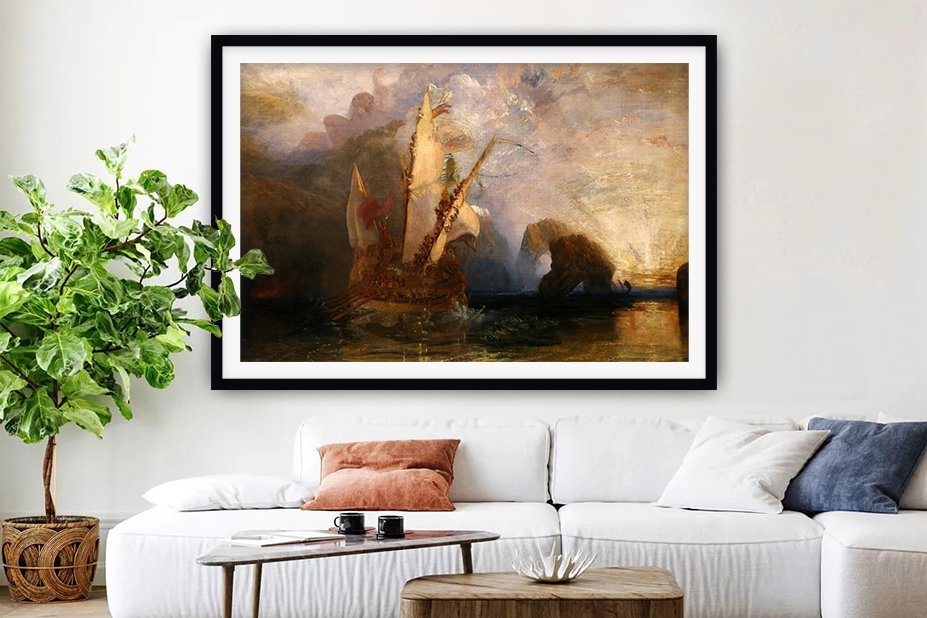 Framed Turner painting of Ulysses deriding Polyphemus at a golden harbour sunrise