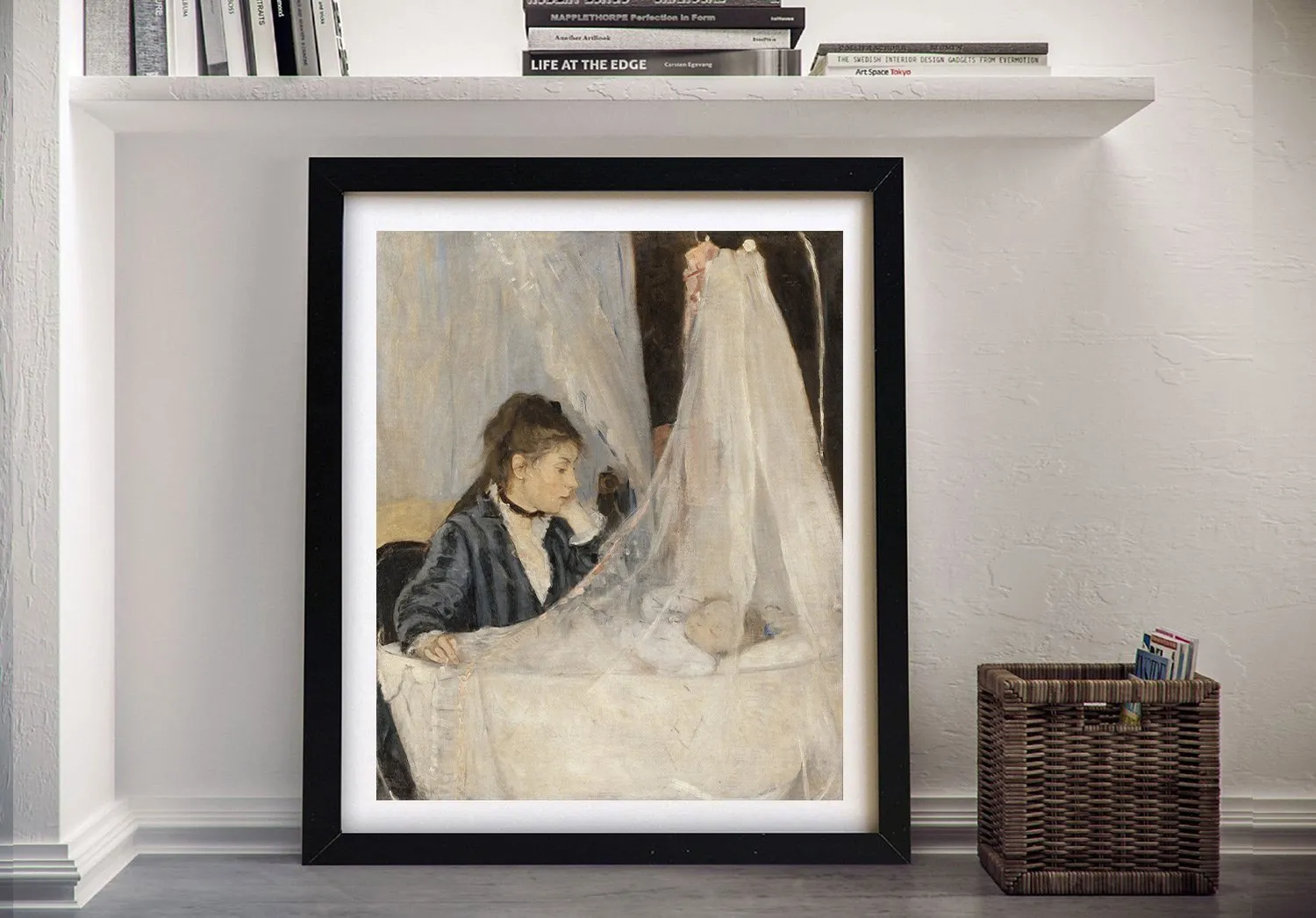 Framed Berthe Morisot scene of a mother watching over her veiled cradle