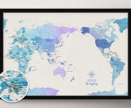 Framed blue-tones Pacific-centric map, cool ocean blues with Australia at the centre