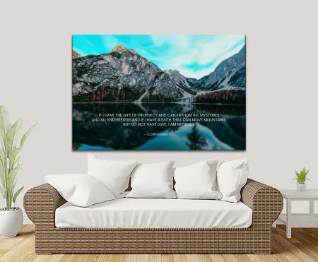 Christian scripture canvas artwork lettering 1 Corinthians 13:2 in soft neutral tones