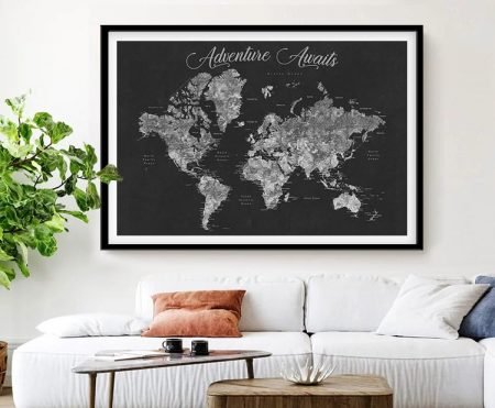 Grey watercolour world map, framed print