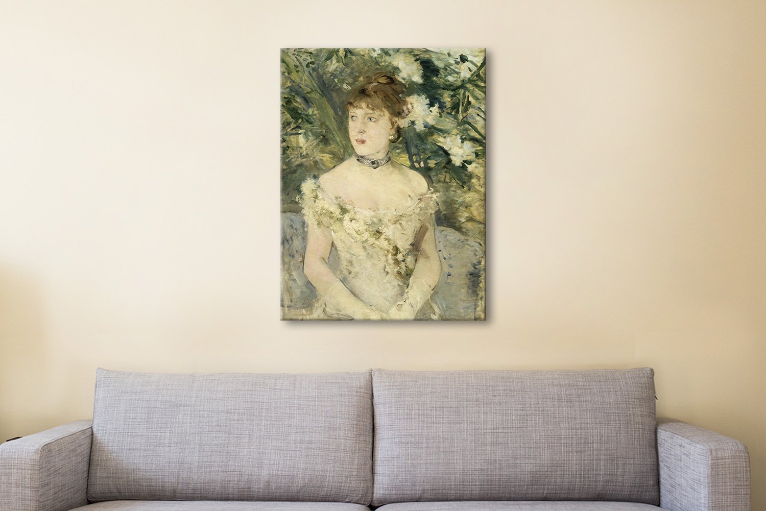Young woman in a pale ball gown with flowers, painted by Berthe Morisot