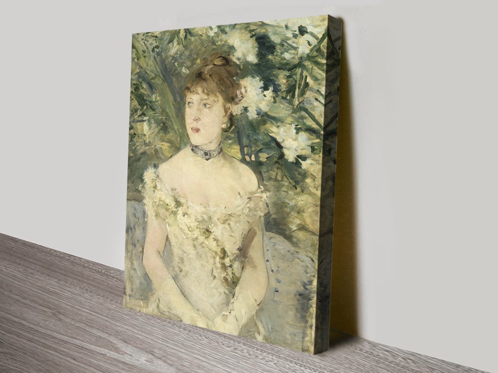 Berthe Morisot portrait of a young woman in a pale ball gown holding flowers
