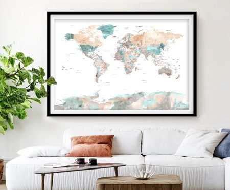 Pastel watercolour world map framed print with continents in soft washed hues
