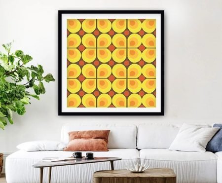 Framed retro geometric floral artwork in yellow
