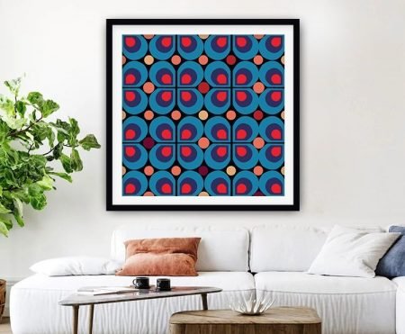 Framed blue geometric tile artwork in retro seventies style