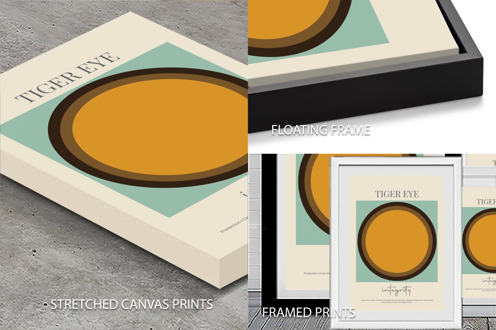 Tiger Eye crystal poster by Karin Roberts shown as stretched canvas, floating frame and framed print formats with mustard and sage tones