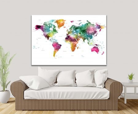World map built from multicoloured watercolour splashes, canvas print