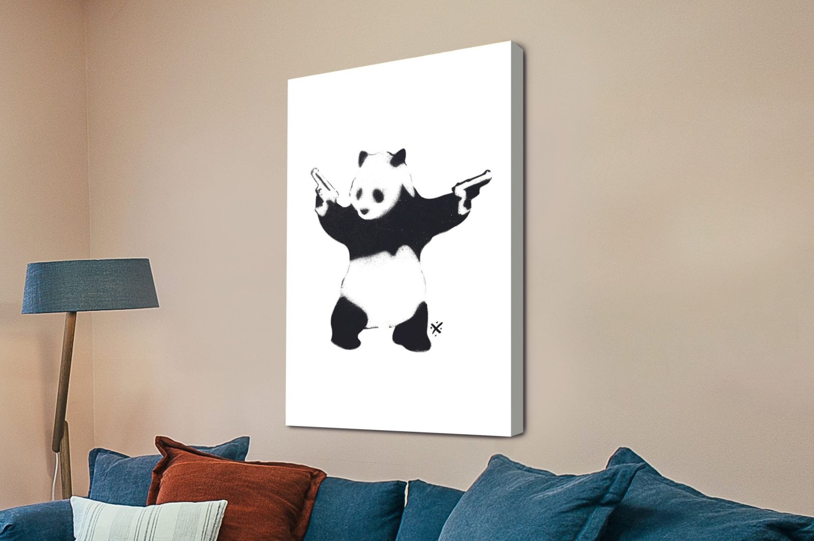 Banksy Panda with Guns canvas print, monochrome graffiti panda wielding pistols