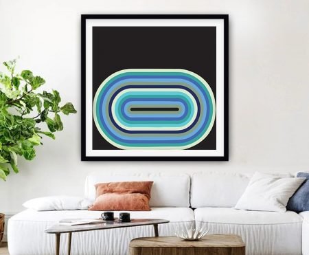 Bending blue ribbons in a retro geometric pattern, framed print