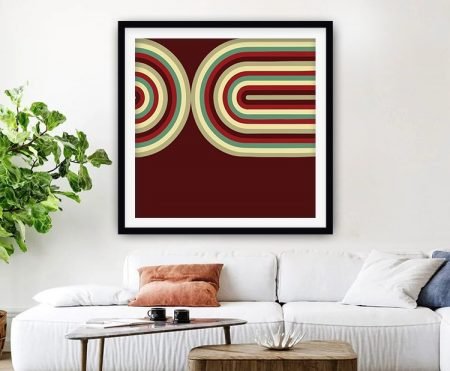 Retro geometric artwork of looping brown curves, framed print