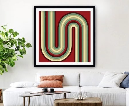 Framed print of a retro abstract of curving colour ribbons