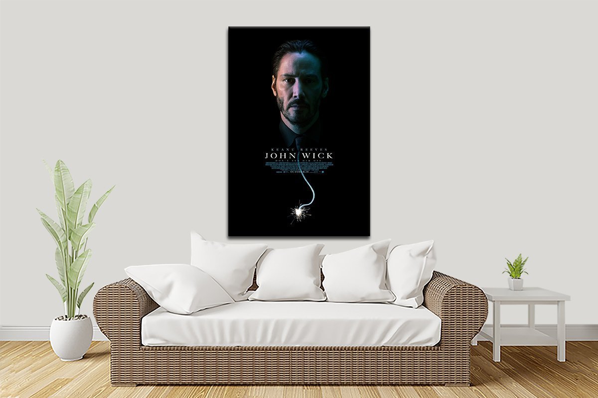 John Wick Chapter 2 canvas print of Keanu Reeves rising from shadow with a sparkler trail and title lettering