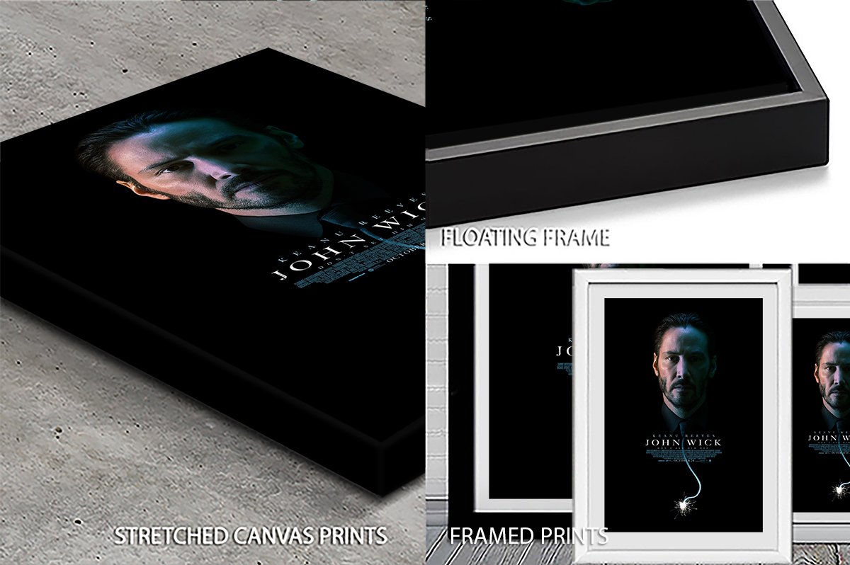 John Wick movie poster shown in stretched canvas, floating frame and framed print formats featuring Keanu Reeves on black background