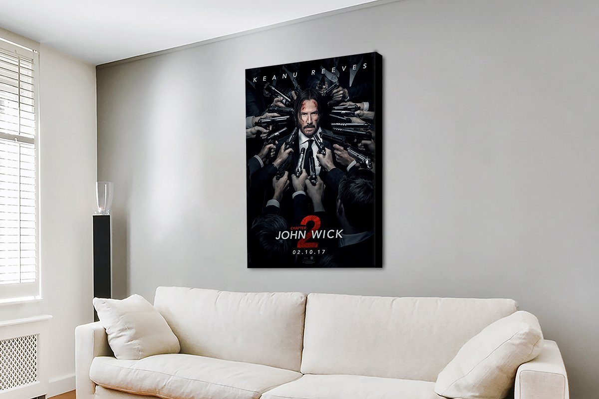 John Wick Chapter 2 poster on canvas, Reeves ringed by guns