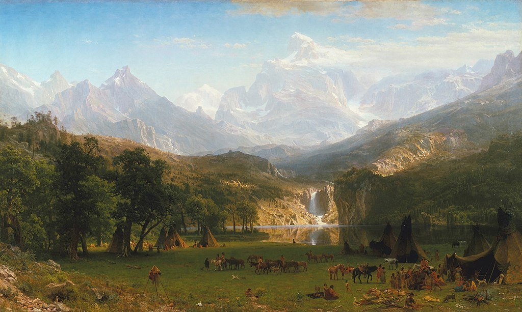 The Rocky Mountains, Lander's Peak by Albert Bierstadt, snow-capped peaks above a wooded valley