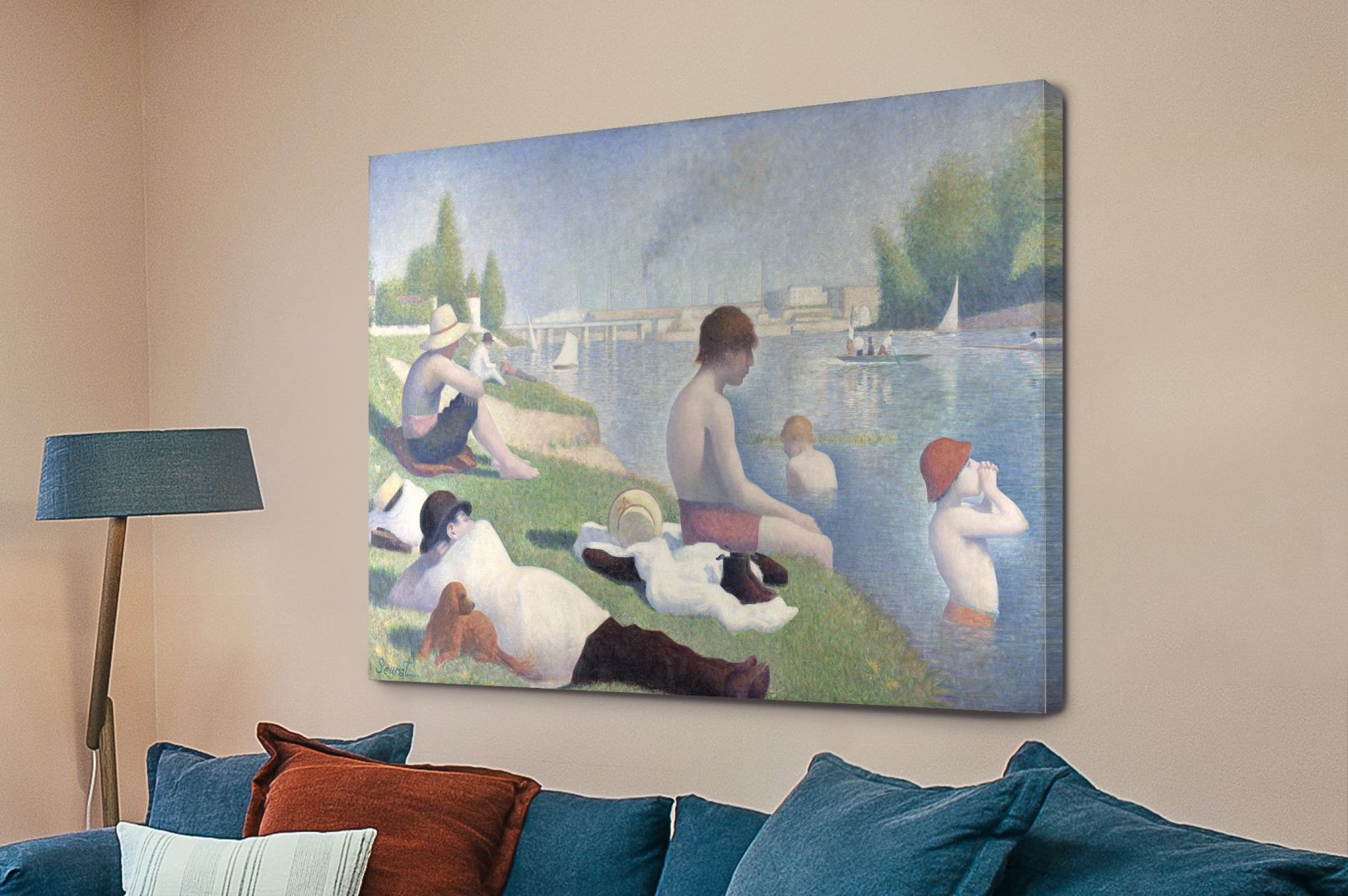 Neo-impressionist scene of bathers on the Seine riverbank by Georges Seurat