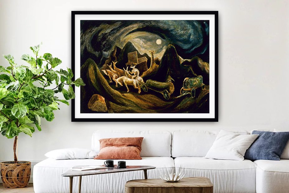 Jackson Pollock's Going West, a swirling moonlit landscape of a wagon team and dark hills, in a frame