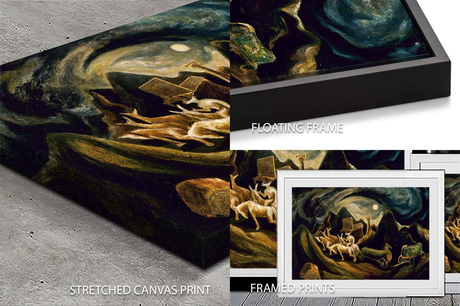 Pollock Going West abstract modern art canvas shown in stretched, floating and framed formats