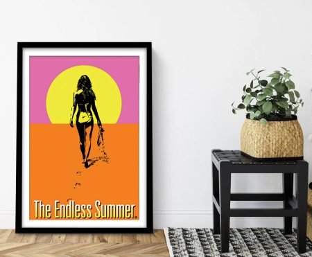 Surfer silhouette walking into a glowing yellow sun with vivid pink and orange colour blocks, Endless Summer variation poster, framed print