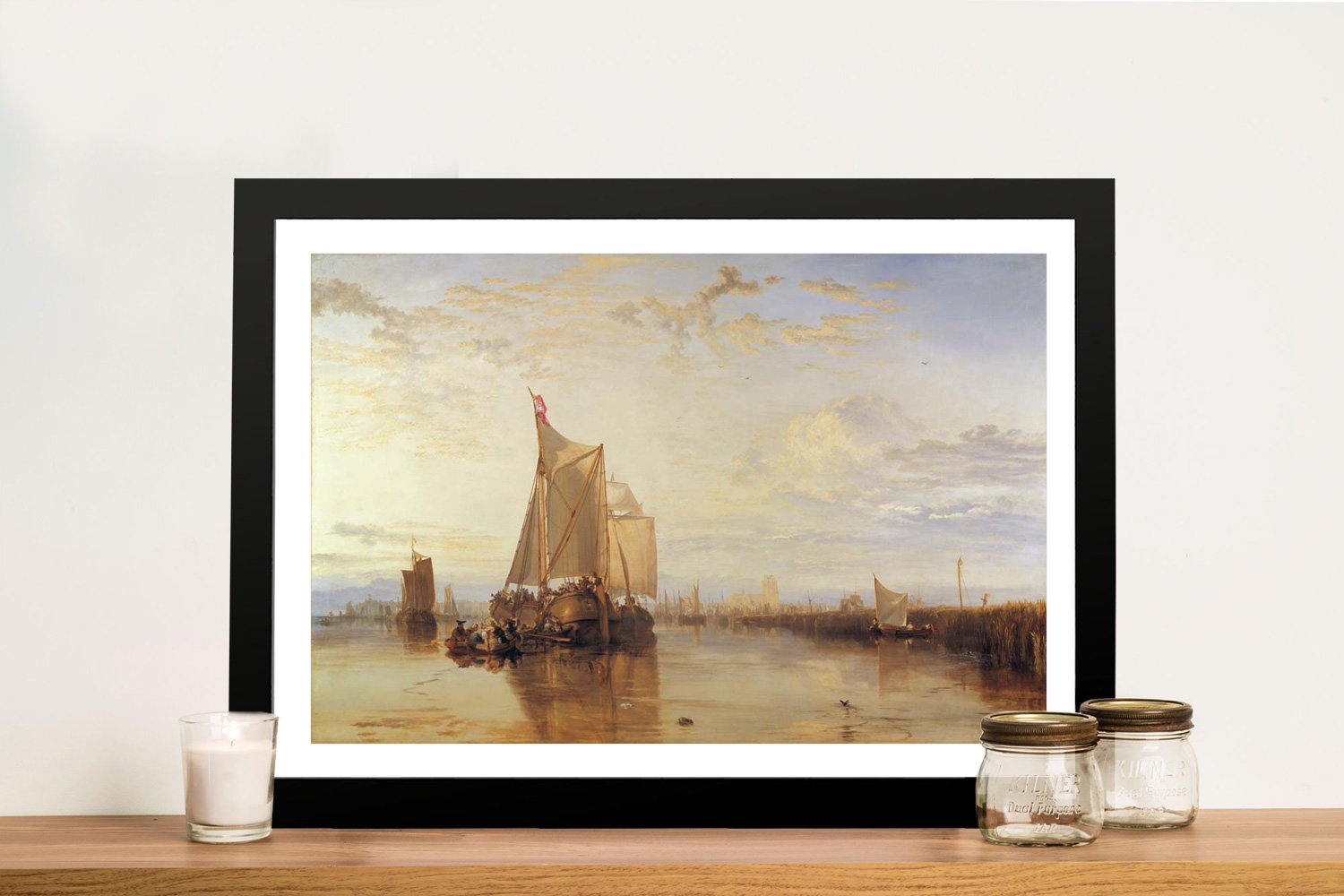 Dutch packet-boat becalmed on still water under a glowing sky, Turner marine scene, framed print