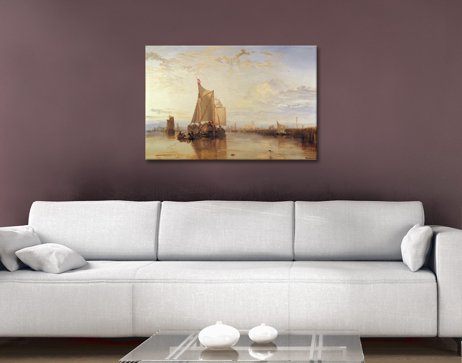 Becalmed Dutch packet-boat on calm water beneath a luminous golden sky, J.M.W. Turner marine painting, canvas print