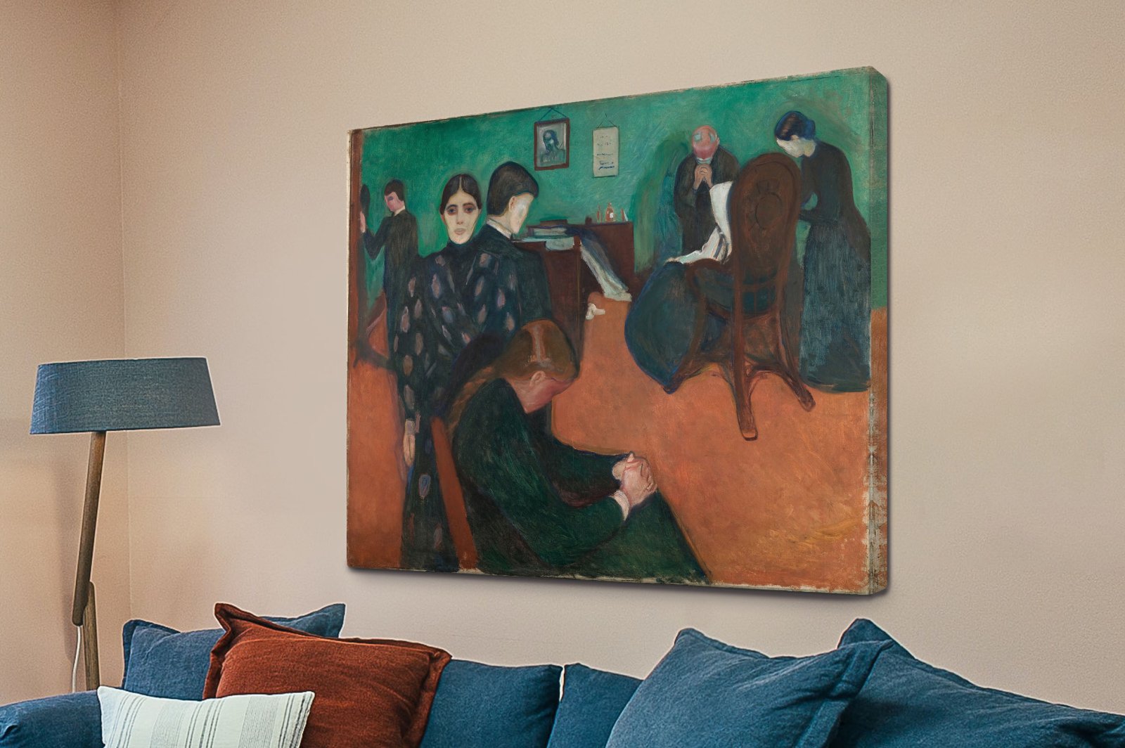 Grieving family gathered around a dying relative in a dim sickroom, by Edvard Munch