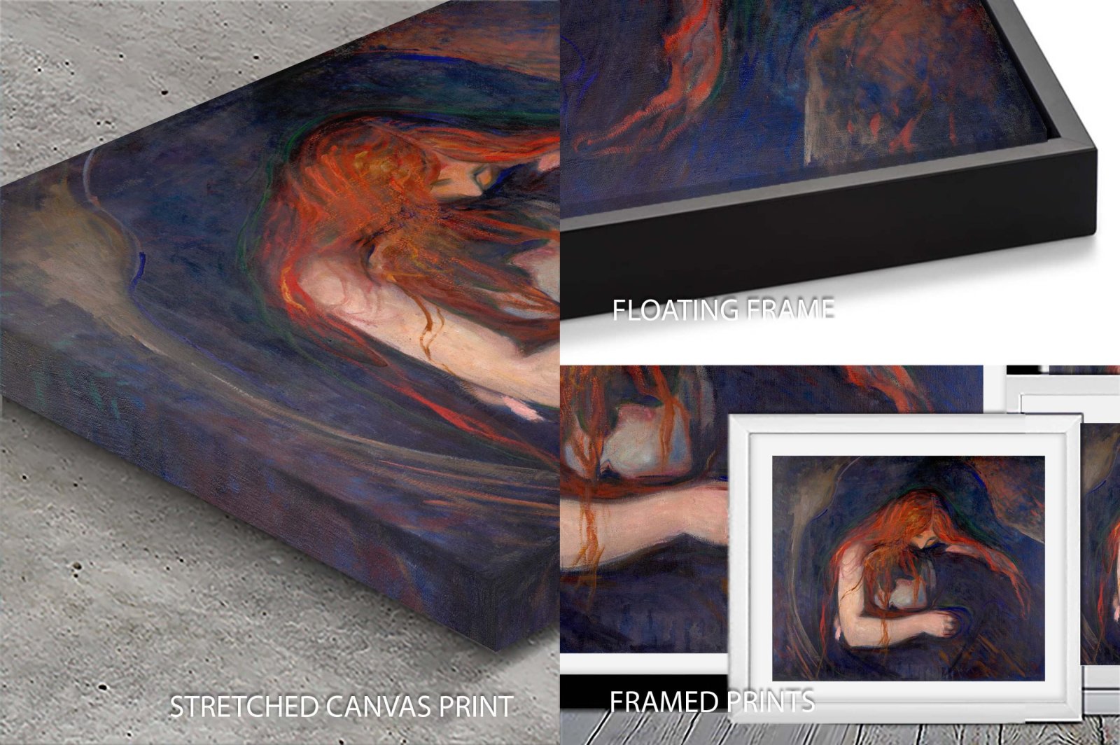 Munch Vampire modern art print finishing options panel on a polished concrete surface, the symbolist painting shown as a chunky stretched canvas in close detail at left, a black floating frame edge profile at top right and a leaning stack of white-framed paper prints at lower right