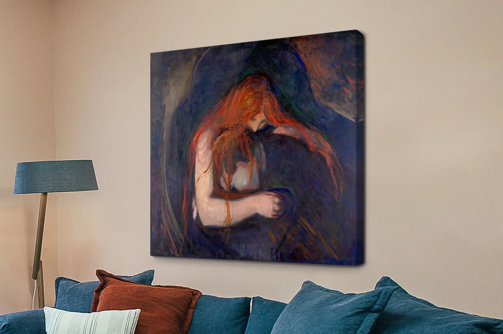 Vampire by Edvard Munch, red-haired woman leaning over a man in a dark embrace