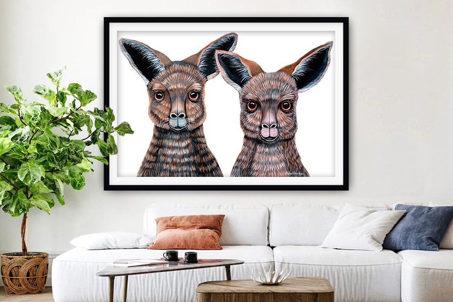 Whimsical big-eyed kangaroo illustration in a bright cheerful childrens style