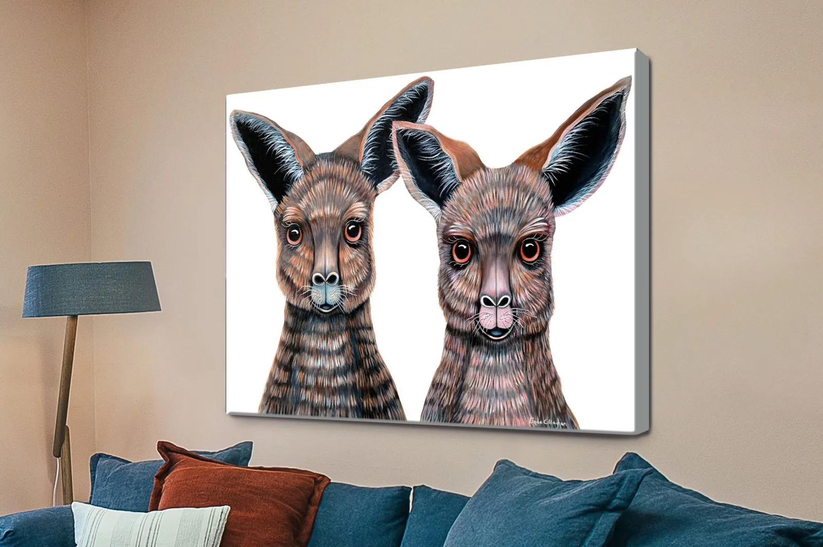Playful painted kangaroo with big eyes in soft cartoony detail