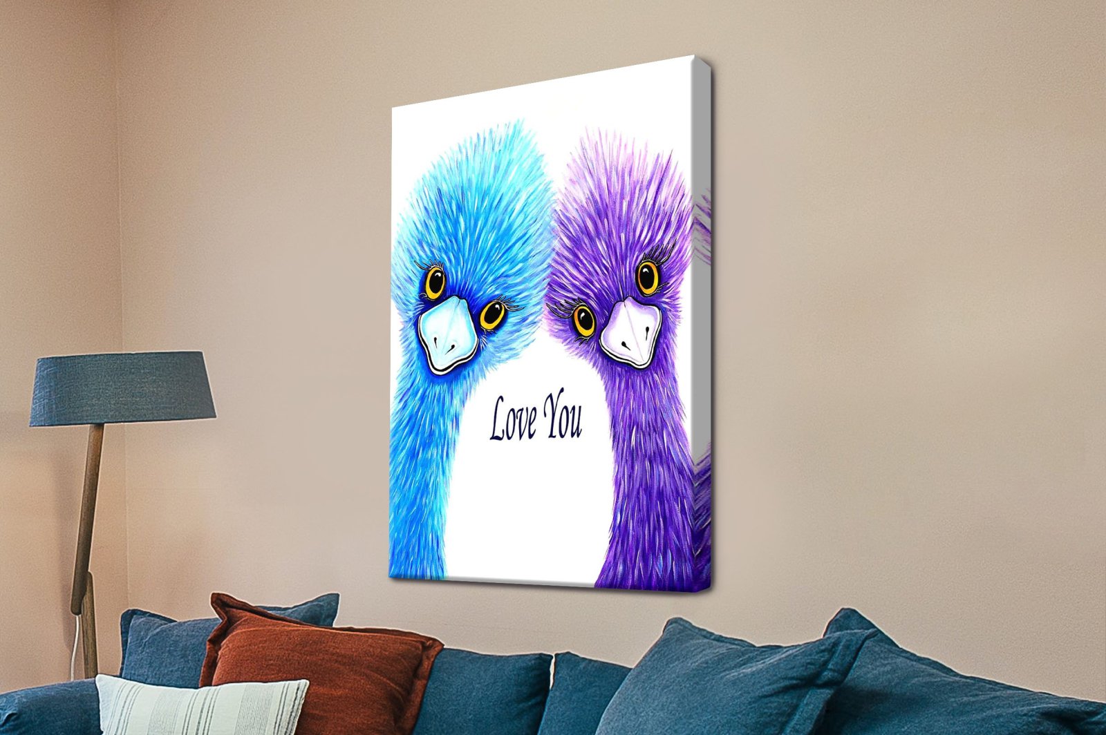 Sky-blue and violet emus with Love You lettering on a white background by Linda Callaghan