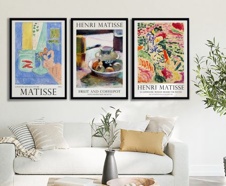 Matisse-inspired triptych, cut-out shapes in warm coral, blue and gold across three panels