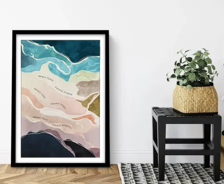 Inhale Exhale Sequence watercolour landscape framed print, calm and meditative