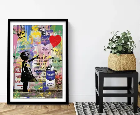 Colourful graffiti Banksy Girl with Balloon, reaching child and red heart balloon in bright tones