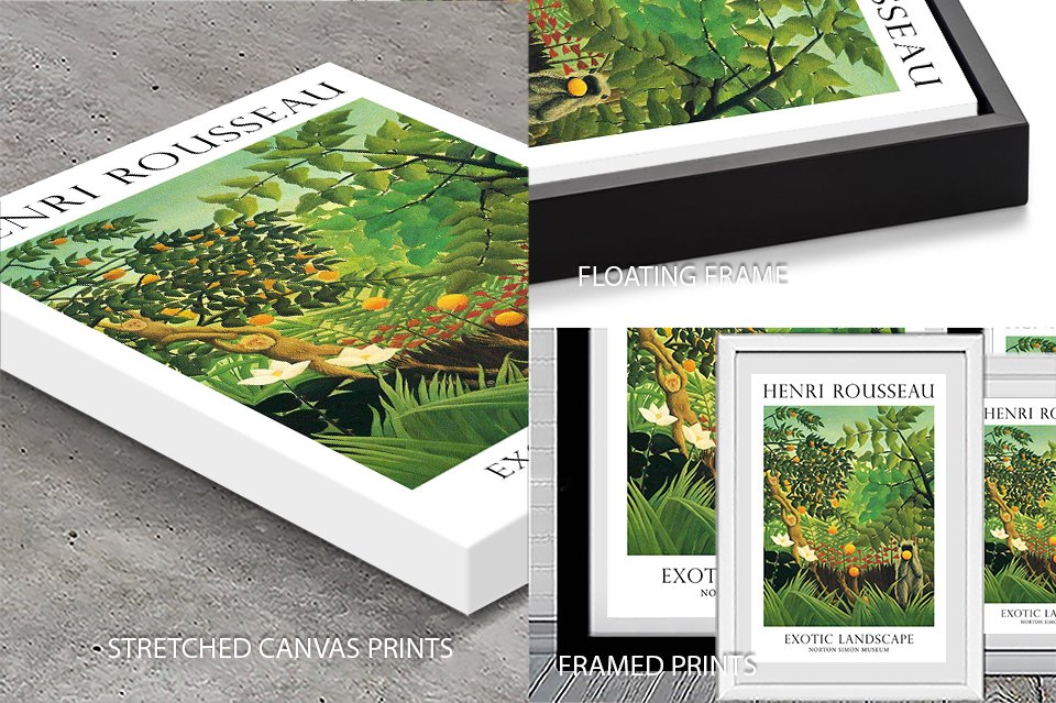 Format options for Rousseau Exotic Landscape modern art print on stretched canvas floating frame and framed prints